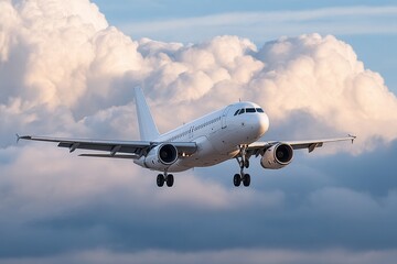 Obraz premium A commercial airplane descends through fluffy clouds during sunset, showcasing aviation and travel. The scene captures the beauty of flight and nature.