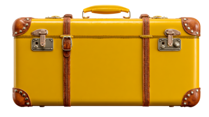 Vintage yellow suitcase with brown leather accents and metal hardware