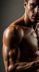 Fototapeta premium Close-up of European man upper body with defined muscles and glistening skin
