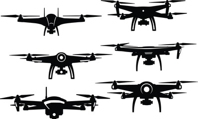 Quadcopter drone silhouette set, black vector illustration, aerial photography UAV designs, camera-mounted drones, propeller configuration comparison pack