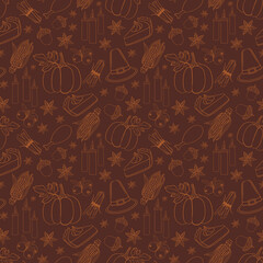 Seamless Thanksgiving pattern with pumpkins, corn, pies, candles, acorns, cranberries, star anise, and pilgrim hats. Festive design for  textiles, packaging, wrapping, scrapbooking and party decor.