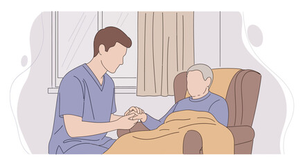 Compassionate caregiver holding hands with senior patient in cozy chair offering comfort and support at home or in a care facility, providing dignity
