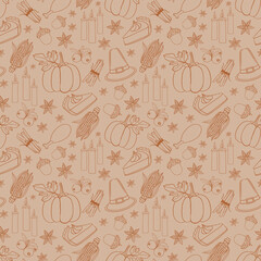 Seamless Thanksgiving pattern with pumpkins, corn, pies, candles, acorns, cranberries, star anise, and pilgrim hats. Festive design for  textiles, packaging, wrapping, scrapbooking and party decor.