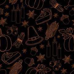 Seamless Thanksgiving pattern with pumpkins, corn, pies, candles, acorns, cranberries, star anise, and pilgrim hats. Festive design for  textiles, packaging, wrapping, scrapbooking and party decor.
