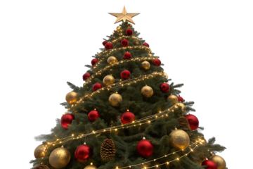 Decorated Christmas tree with lights, red and gold baubles, and star topper isolated on transparent background.
