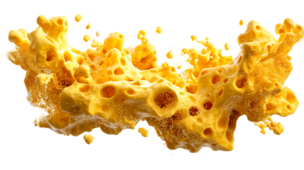 Molten cheese splash with air bubbles and particles