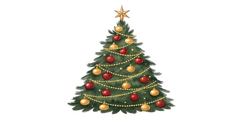 Fototapeta premium Decorated Christmas tree with lights, red and gold baubles, and star topper isolated on transparent background.