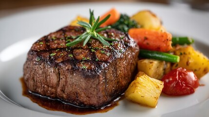 A beautifully plated grilled steak served with a variety of roasted vegetables, showcasing a gourmet dining experience.