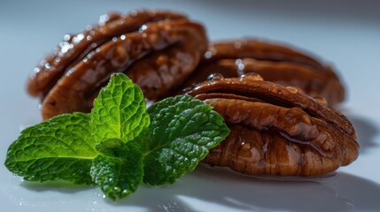 Obraz premium macro shot of glossy pecans with water droplets and mint leaves, symbolizing freshness, healthy food, and natural ingredients, soft natural lighting