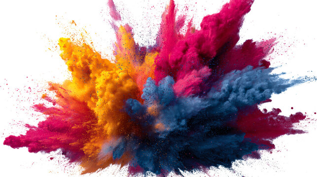 Explosion of vibrant colored powder against white background