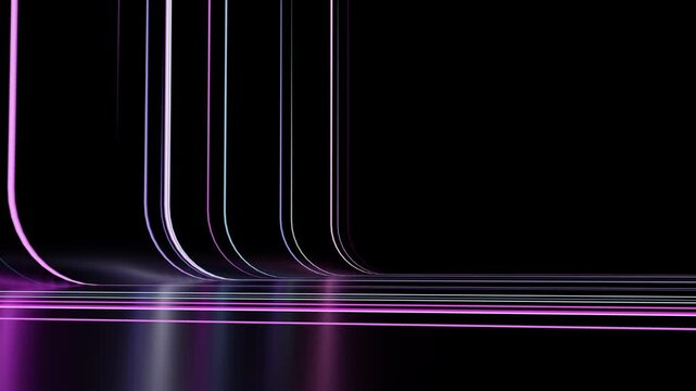 Glowing curved neon lines moving on a reflective surface