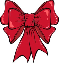Classic red gift or holiday bow for Christmas, birthday or other festive. For card, invitation, holiday decoration. Simple vector color illustration with outline in hand drawn style isolated on white