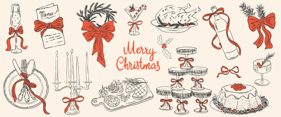 Fototapeta na wymiar Hand drawn chalk Christmas dinner illustrations. Retro vintage new year food, wine, champagne tower, cocktails, candles, turkey, charcuterie in sketch style for invitations, menus and parties