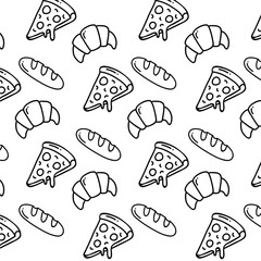 fast food icons seamless pattern ,sign,symbol,pictogram in outline style isolated on a white background.