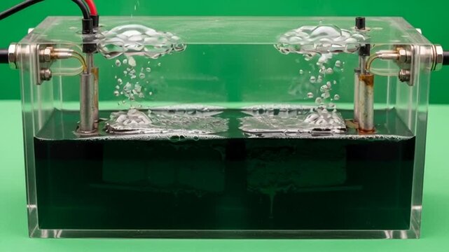 Demonstration of electrolysis experiment with visible bubbling and electrochemical reaction shown