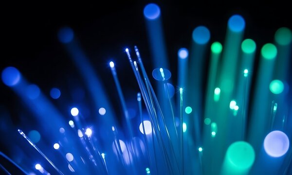 Abstract pattern of blue and green fiber optic lights. Fiber optic light network