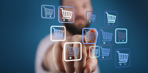 Person interacting with shopping cart symbols, representing e-commerce, online buying, and digital transactions.
