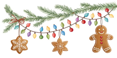 Christmas garland with lights, baubles, gingerbread cookies, and pine branches isolated on white background.