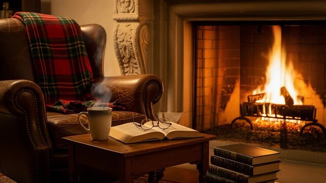 Cozy reading corner with leather wingback chair, plaid throw blanket, steaming coffee mug, open book, eyeglasses, ornate fireplace, warm ambiance creating perfect hygge atmosphere


