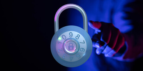 Abstract image depicting data security. A hand approaches a glowing padlock representing digital...