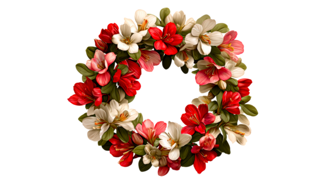 Circular floral arrangement with red and white blooms