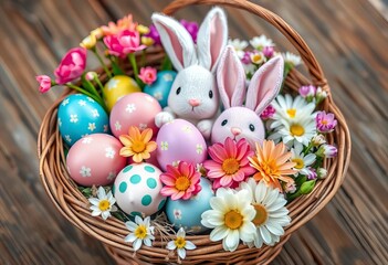 Fototapeta premium Festive display of colorful painted eggs, fluffy bunnies, and fresh spring flowers arranged in a rustic basket, celebrating the holiday, nature, traditional