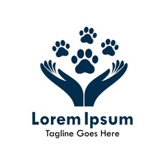 Pet care logo. Protecting hands holding animal paw prints. Symbolizes safety, shelter, insurance, and compassionate care for dogs, cats, and all animals.