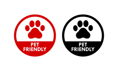 Pet friendly stamp collection. A set of badges, seals, and circular stamps with a paw print. Ideal for hotels, cafes, or public spaces allowing animals.
