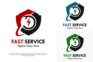 A shield logo with a lightning bolt flash. Represents fast service, speed, power, energy, and protection. Modern vector icon for tech or delivery.