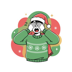 Young person wearing Christmas sweater covering eyes in festive anticipation or surprise illustration.