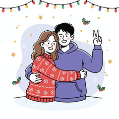 Happy young couple hugging and celebrating winter holidays illustration
