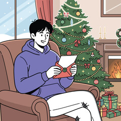 Young man reading a Christmas card by the fireplace and decorated tree in a cozy room illustration.