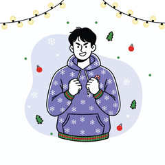 Young man wearing a festive purple holiday sweater hoodie surrounded by Christmas decorations illustration