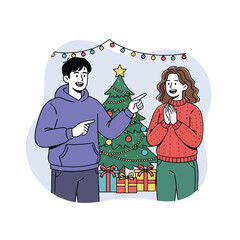 Happy Couple Celebrating Christmas Holiday in Front of Decorated Tree and Wrapped Gifts Illustration