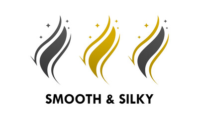 Smooth and silky logo set. Abstract 'S' wave icon in black and gold. Represents hair care, shampoo, conditioner, luxury, fabric, or a smooth scent.