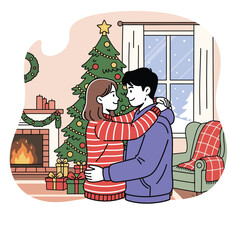 Cozy Christmas couple embracing in a warm, festive living room illustration.