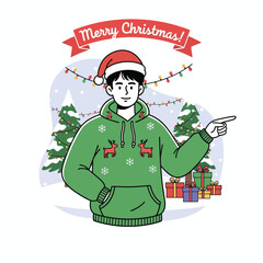 Festive illustration of a person in an ugly Christmas sweater and Santa hat pointing sideways