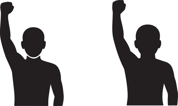 Two black silhouettes of people with raised fists protest