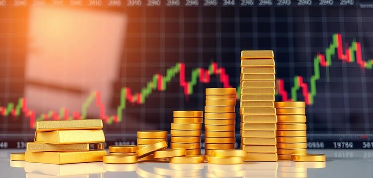 Golden bars piled high against a bearish market chart, signifying potential financial setbacks and market downturn,  currency slump,  asset value