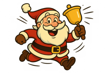 Santa claus running and ringing a golden bell, delivering christmas cheer and holiday spirit on transparent background