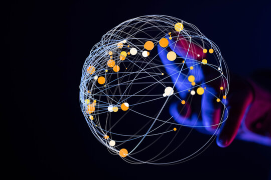 Abstract digital world network connections concept. Modern communication, technology. Glowing globe in hand, futuristic design on bla