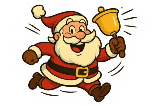 Santa claus running and ringing a golden bell, delivering christmas cheer and holiday spirit on transparent background