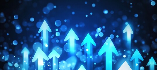 Futuristic Blue Arrows Rising Amidst Bokeh Lights Representing Digital Advancement and Success