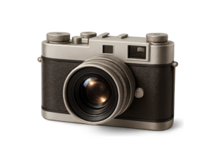 Vintage silver and black film camera with a large lens sits isolated on a black background