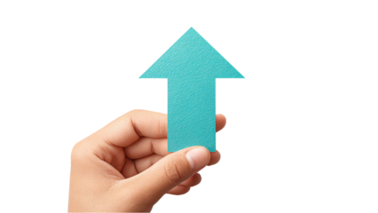 Hand Holding Blue Arrow Pointing Up on White Background