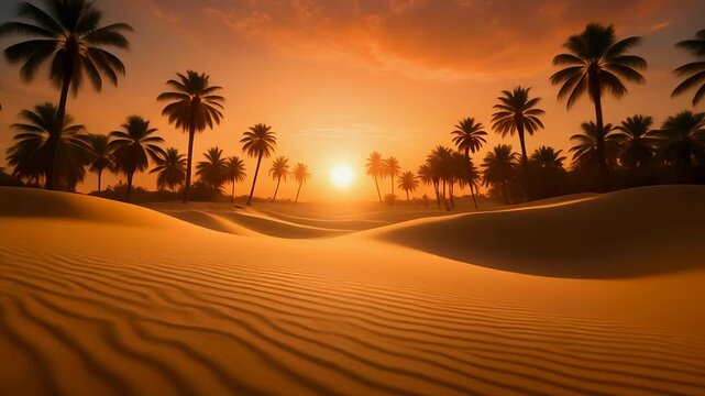 A breathtaking view of a desert sunset, with warm light illuminating the sand dunes and a palm tree oasis