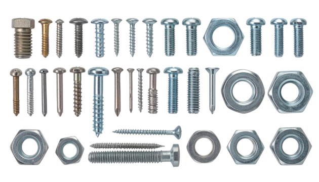 Nails, screw, bolt, and nut hardware set isolated on solid white background Png - Powered by Adobe