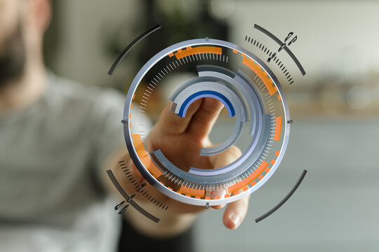 Close-up of a hand interacting with a futuristic, circular interface design, representing digital transformation and technology. Conc