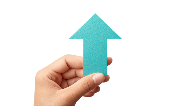 Hand Holding Blue Arrow Pointing Up on White Background