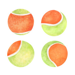 Watercolor set of orange and green tennis balls